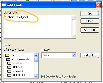 fonts select screen add folder listed any